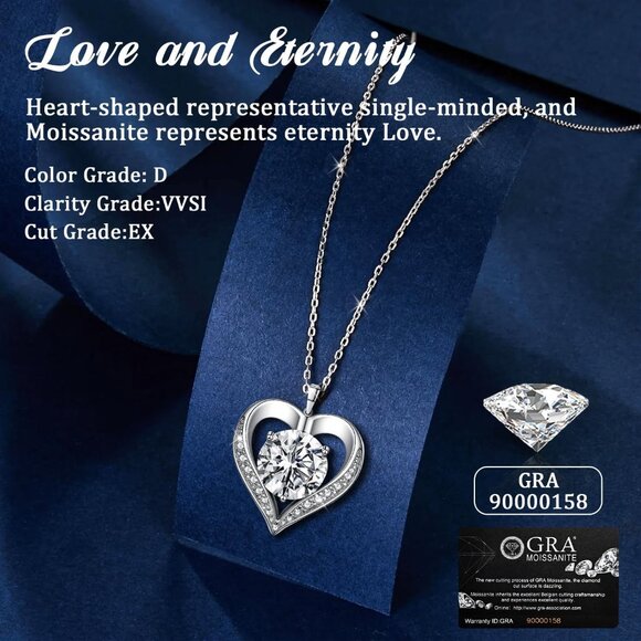 Women’s Silver Moissanite Heart Necklace 2.4x Fire Diamond Gift - Picture 3 of 7